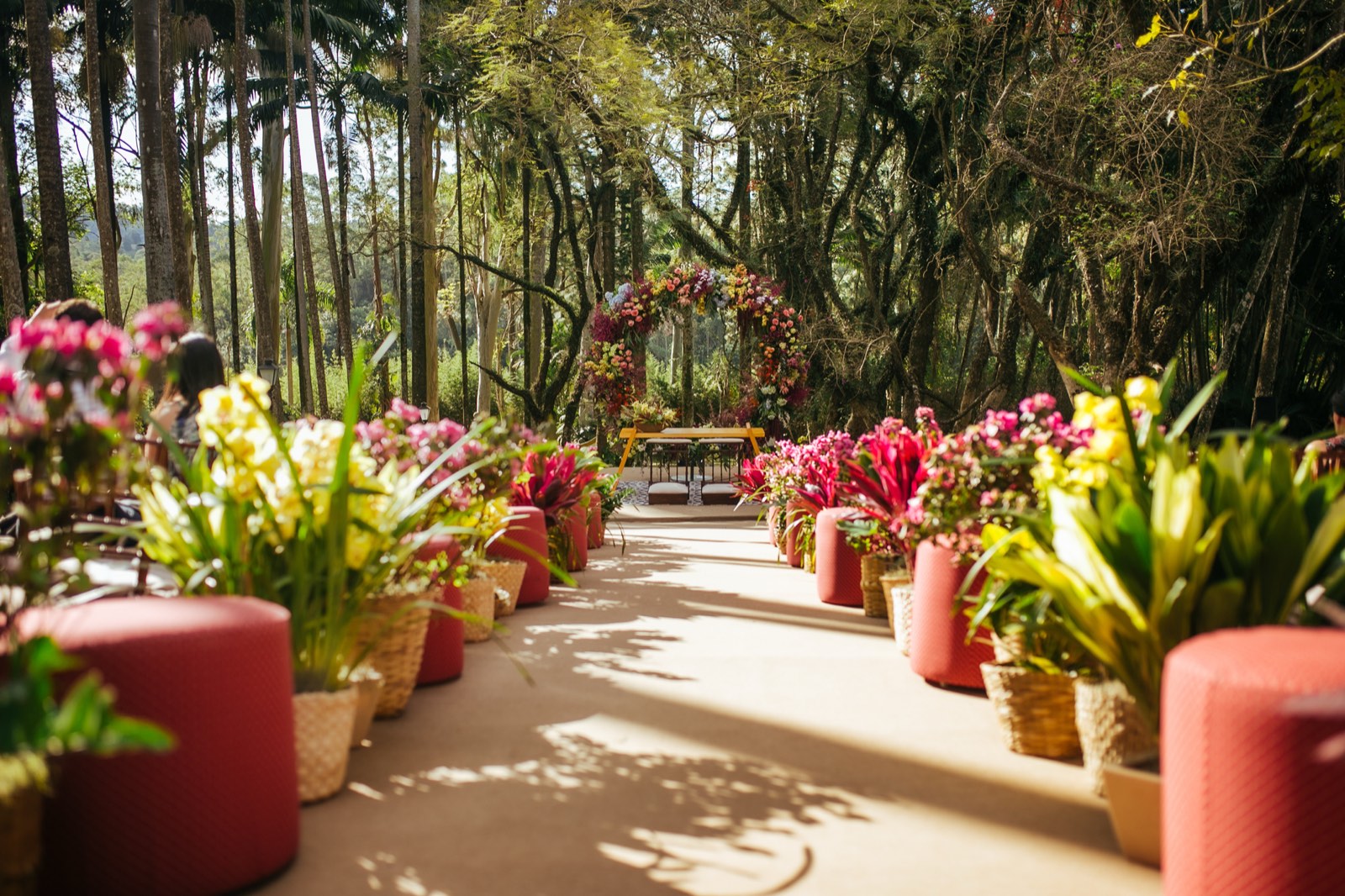 Wedding ceremony setup in a lush garden